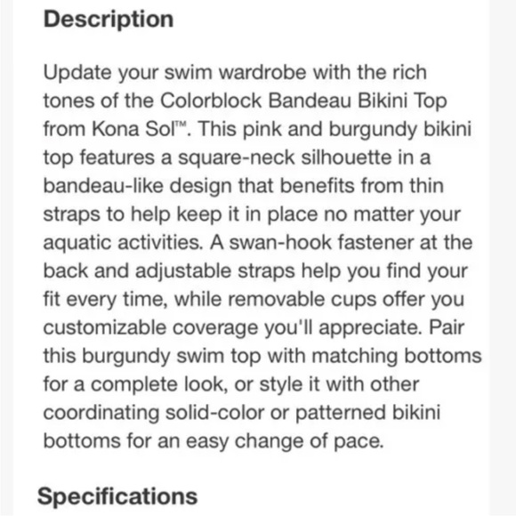 Kona Sol Burgundy Pink Colorblock Square Neck Bandeau Bikini Swim Top - Picture 8 of 10